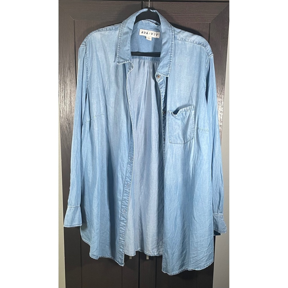 Ava & Viv Womens 3X Light Wash Blue Tencel Lyocell Button Down Denim Shirt Top